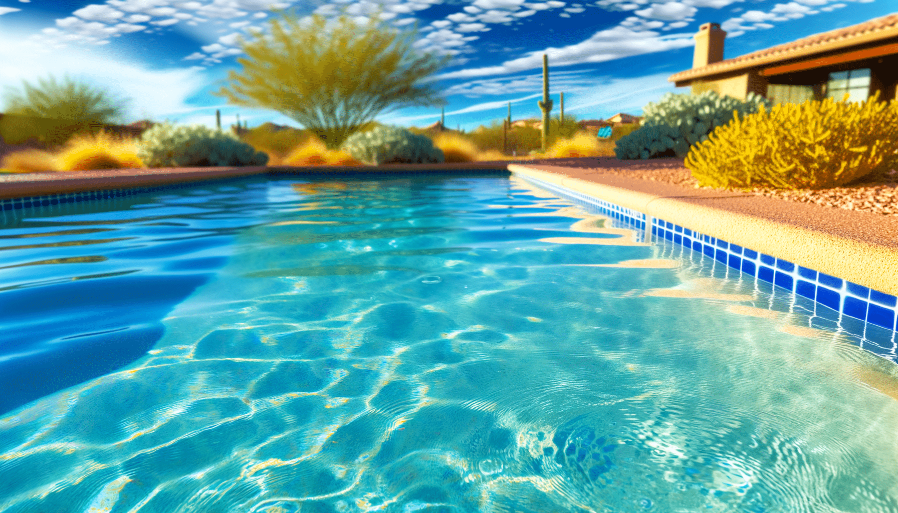 Desert backyard with pool and clear blue sky.