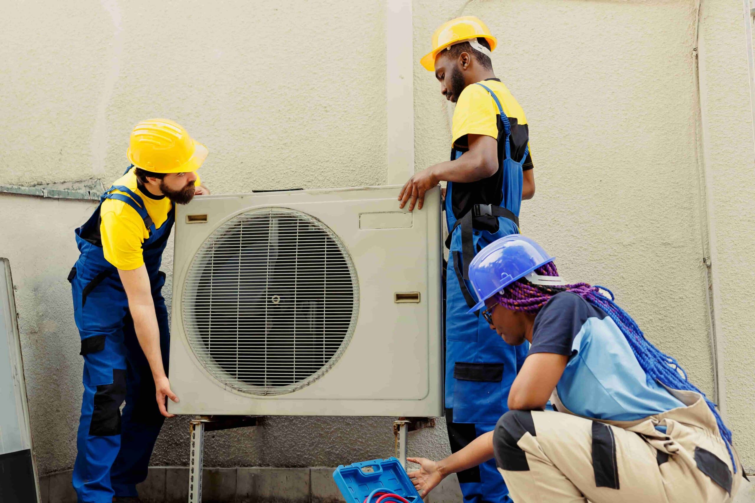 Technicians installing air conditioning unit outdoors.