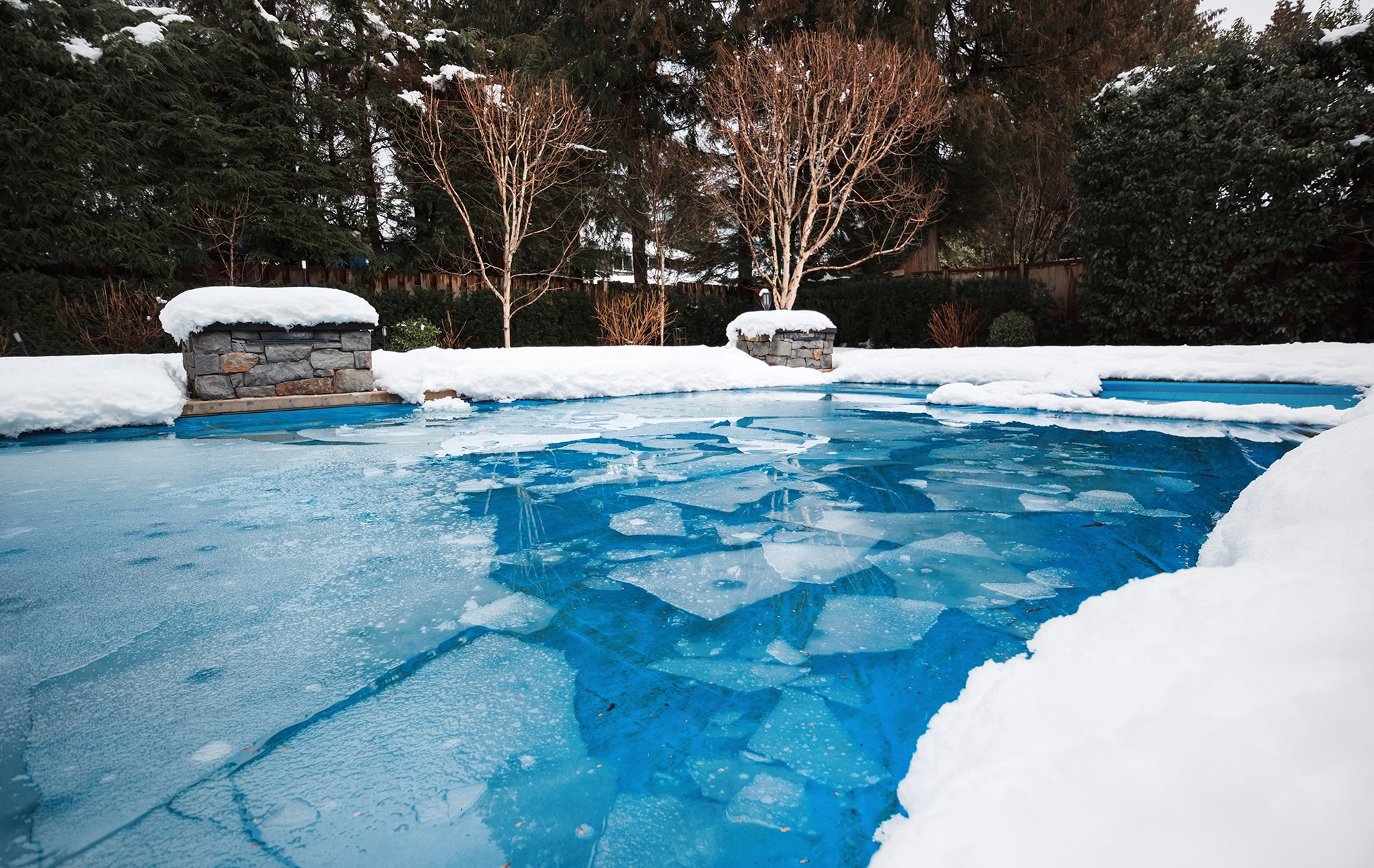 Frozen pool with snow-covered landscape