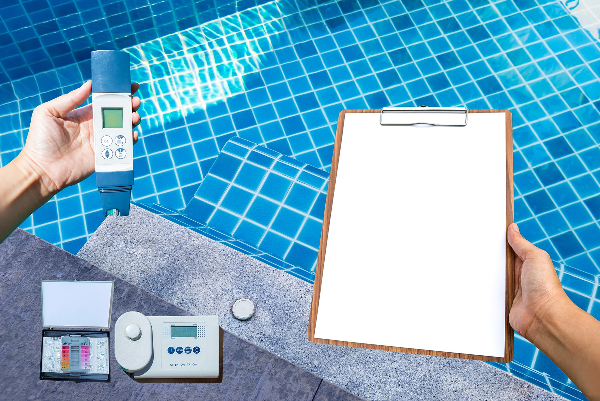 Testing swimming pool water quality with tools and clipboard.