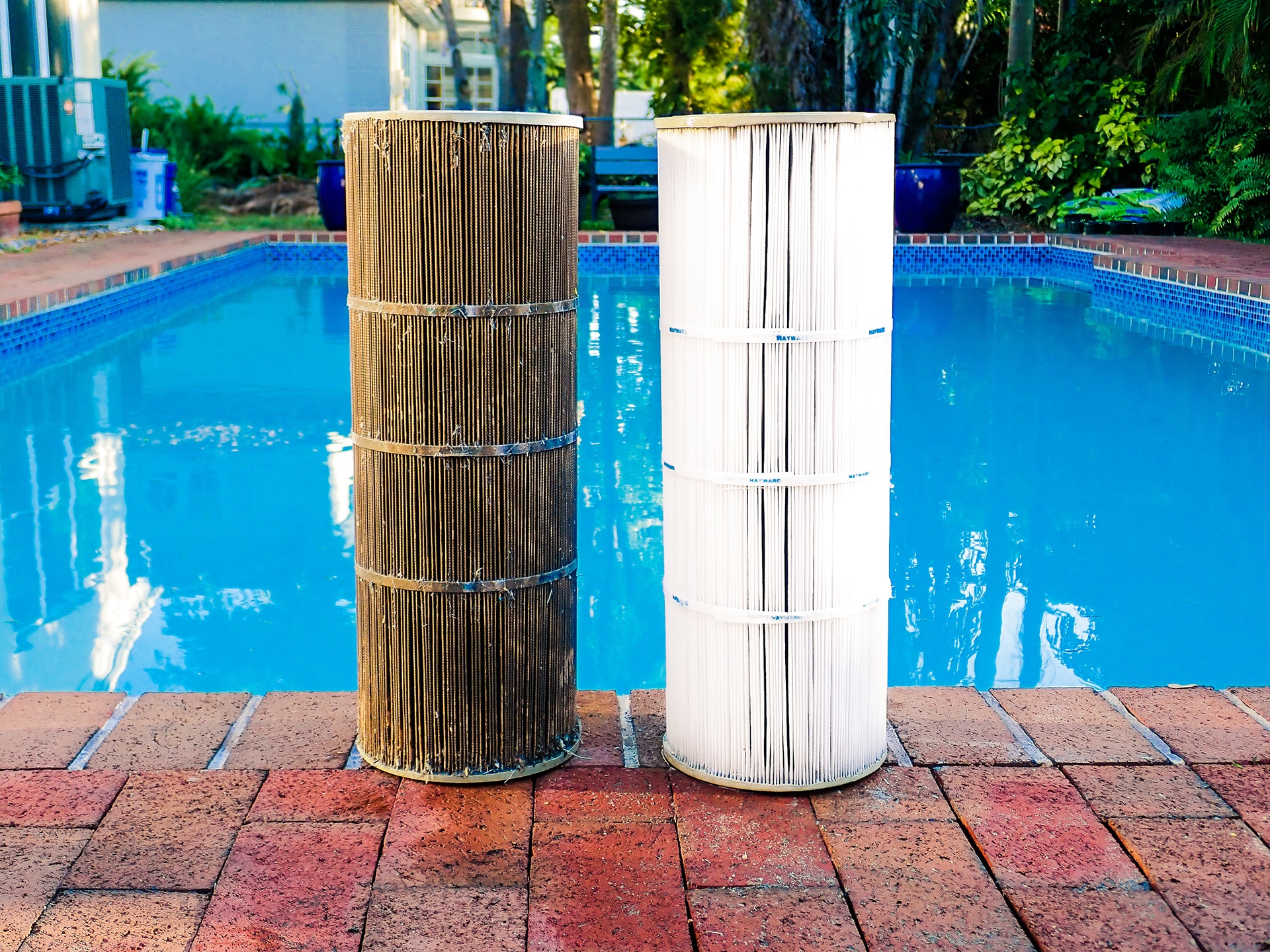 Dirty and clean pool filters comparison by pool