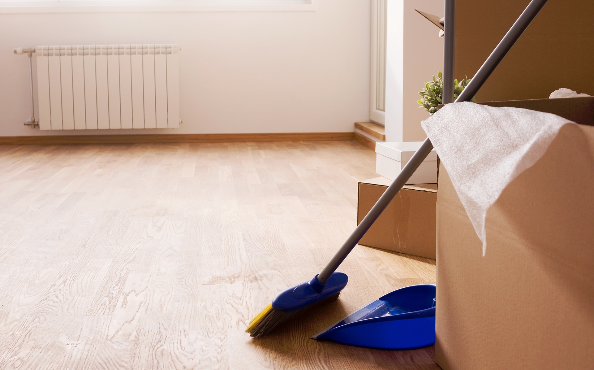 Broom, dustpan, and boxes on wooden floor